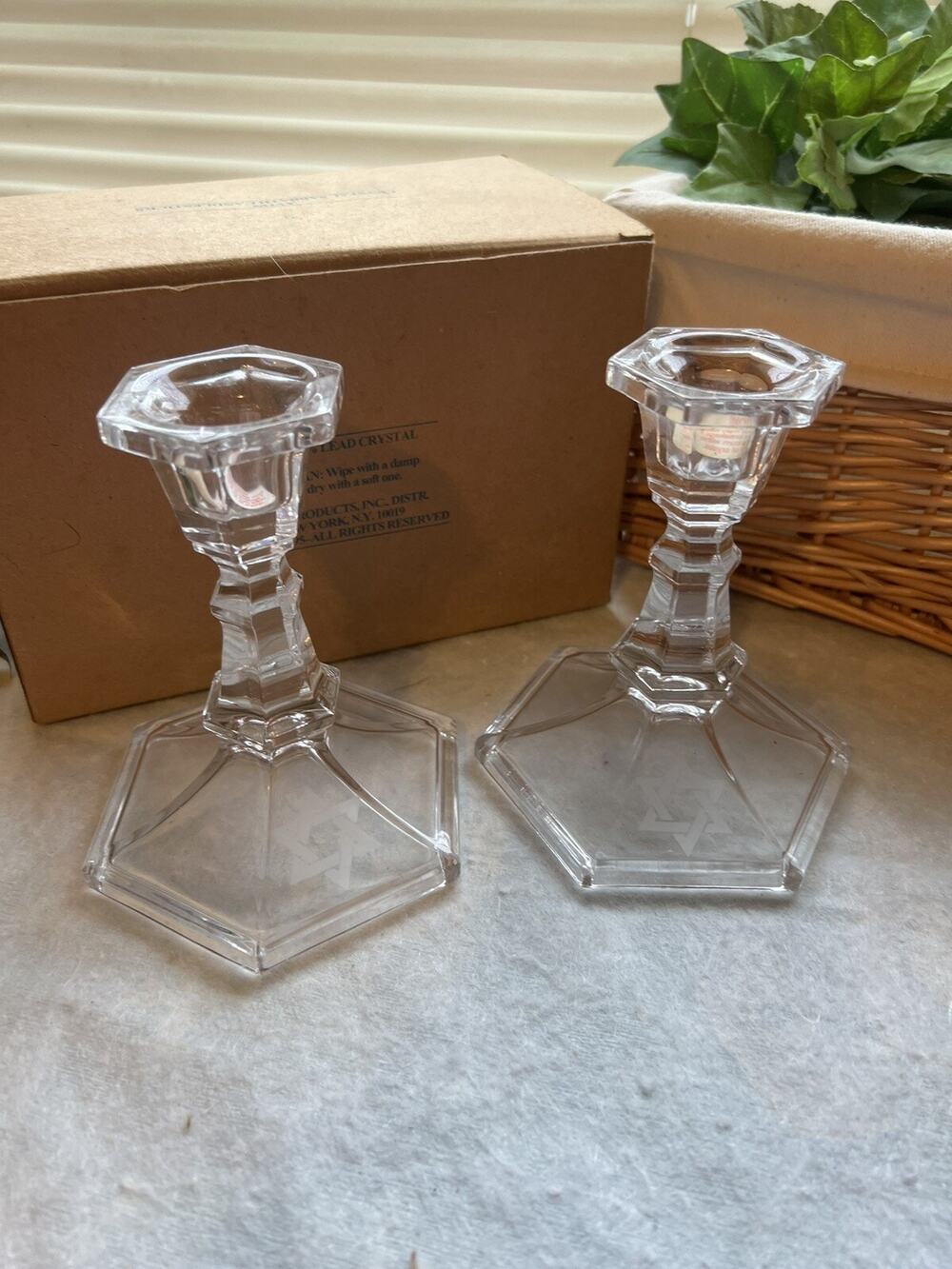 Lead Crystal Sabbath Candle Sticks Etched Star of David Pair NEW in Box 5" Avon